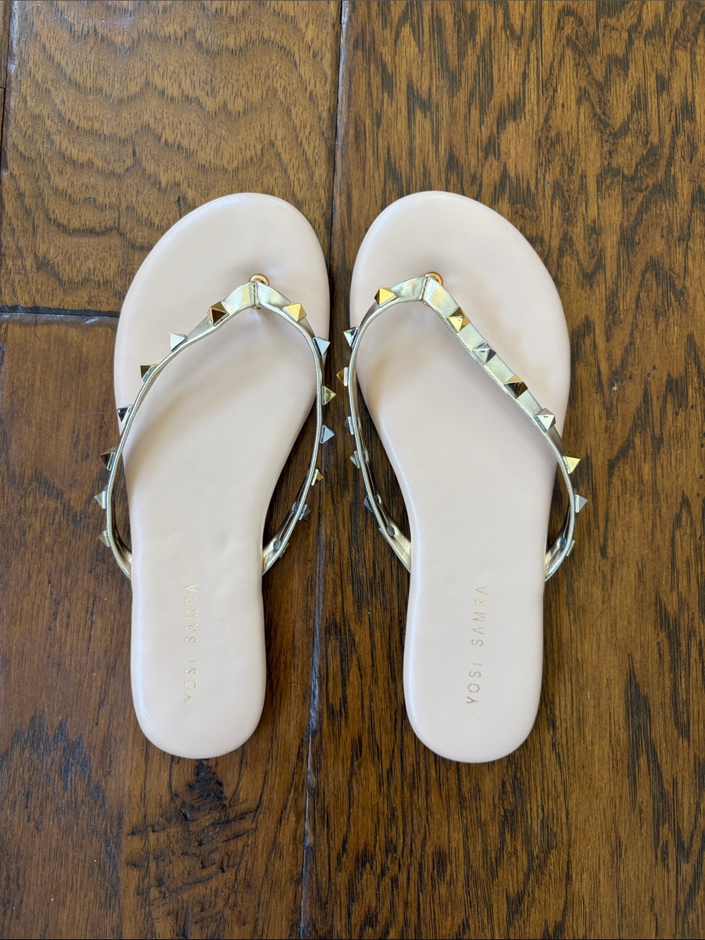 Yosi Samra Nude Flip Sandals with Metallic Stud Straps